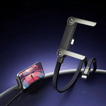 Adjustable black phone holder and charging cable with a smartphone on a stand, modern tech accessory