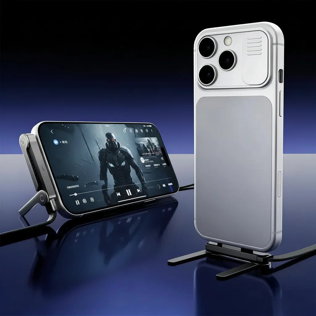 Dual-view of modern smartphones with metallic kickstand cases, one upright, one horizontal