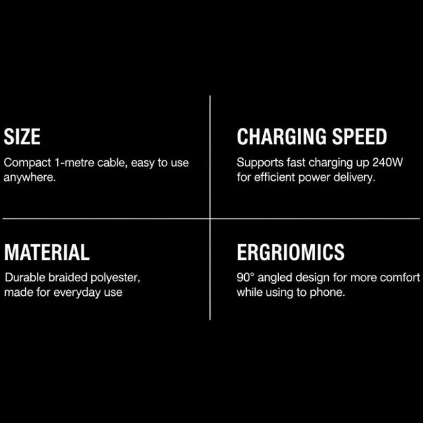 Charging cable features infographic with size, fast charging 240W, braided polyester, ergonomic 90° angle