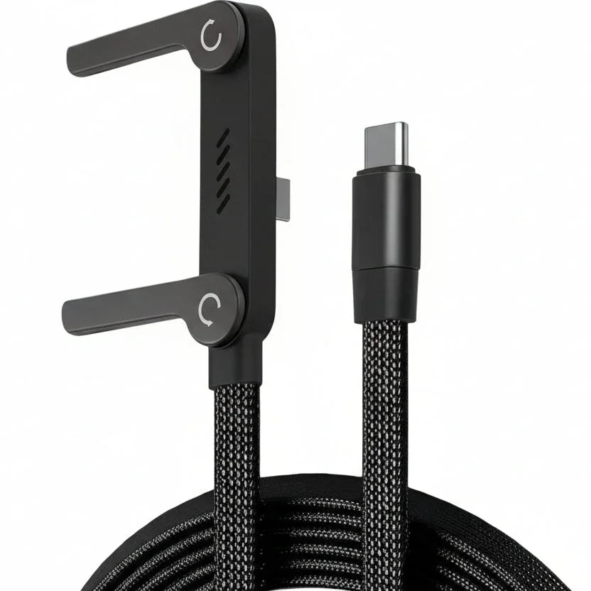 Black braided USB-C charging cable with ergonomic holder, modern tech accessory